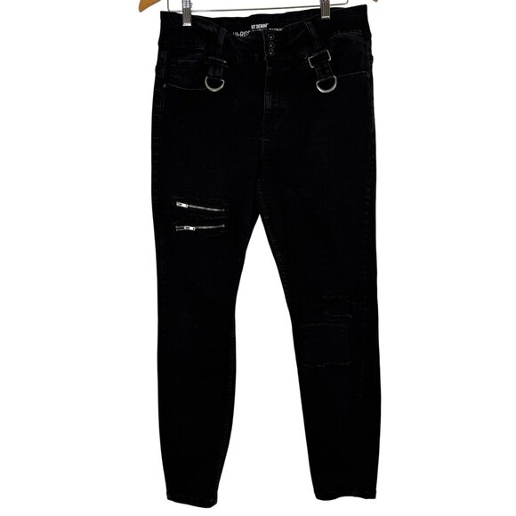 Hot Topic Black Skinny Jeans Sz 13 Zippers Patches Straps D-Rings Punk Emo Goth - Picture 1 of 10